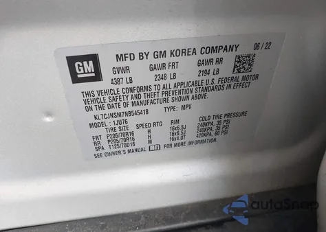 2022 Chevrolet Trax Awd Ls из США, поврежденный, VIN KL7CJNSM7NB545418